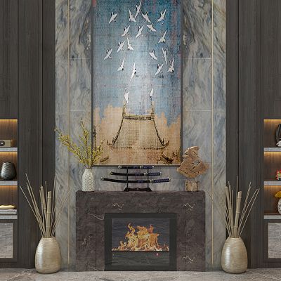 新中式壁炉书柜饰品鼓凳武士刀