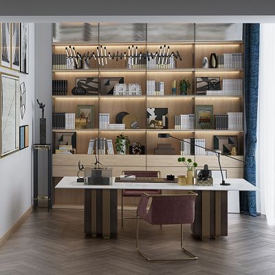 现代书房书柜书桌椅组合
