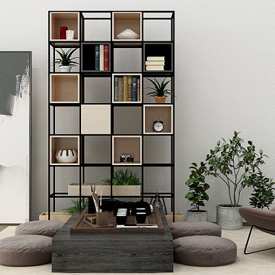 现代休闲椅茶具书架植物盆栽