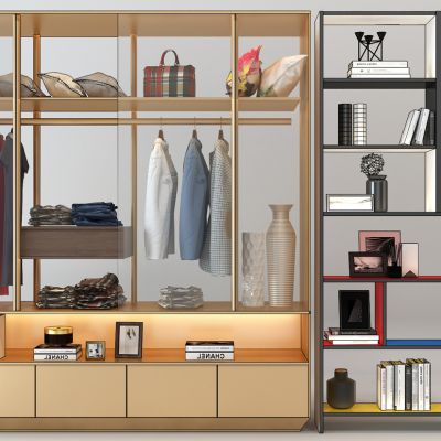 现代衣柜书柜书架组合