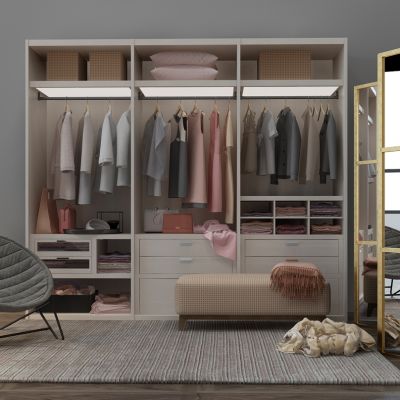 现代衣柜衣服休闲椅组合