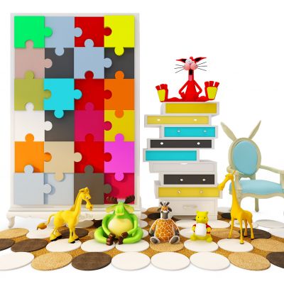 现代儿童衣柜边柜休闲椅玩具组合