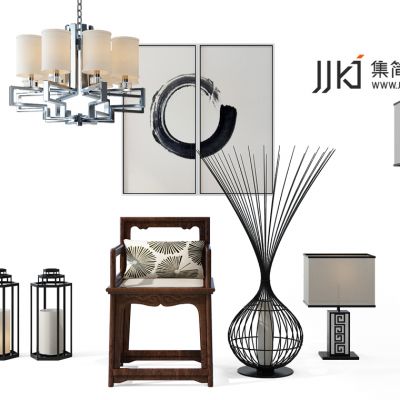 中式椅子吊灯落地灯组合