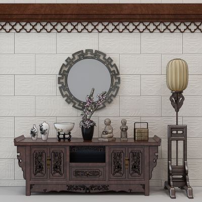 中式玄关柜 雕花装饰柜 电视柜落地灯