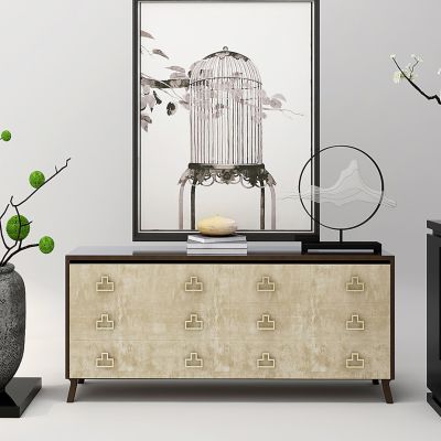 现代中式玄关柜陶罐干枝植物