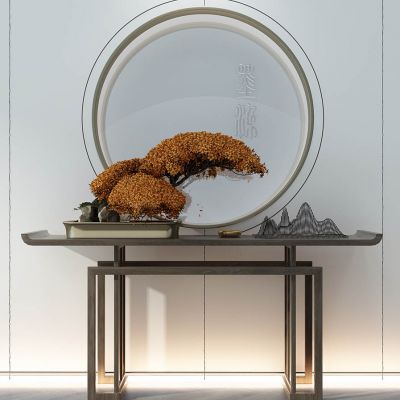 新中式玄关摆台盆栽盆景铁艺山形陈设组合