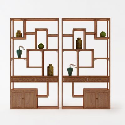 中式实木博古架陶瓷摆件组合