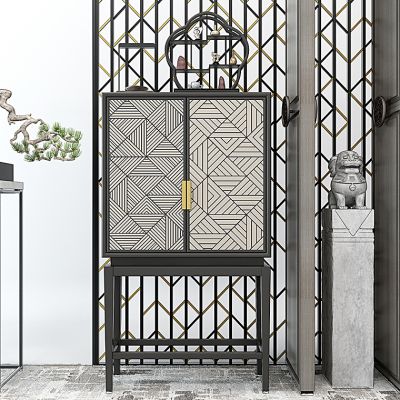 新中式边柜玄关柜花架盆景狮子