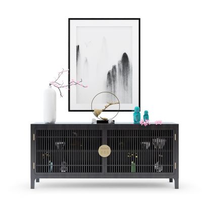 中式玄关柜及插花摆件饰品