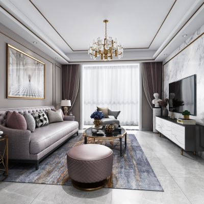 现代轻奢客厅餐厅，沙发，餐桌，电视柜，吊灯，装饰画，2014