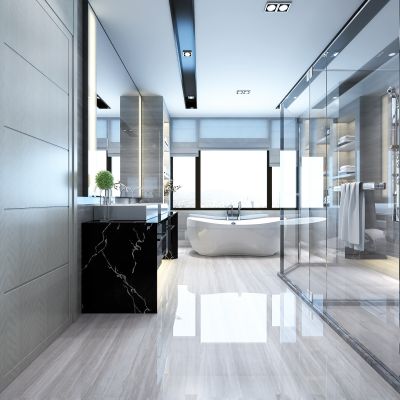 现代简约卫生间    浴缸  洗手台  玻璃隔断   摆件