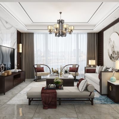 新中式客厅，沙发，电视柜，餐桌，吊灯，装饰画，