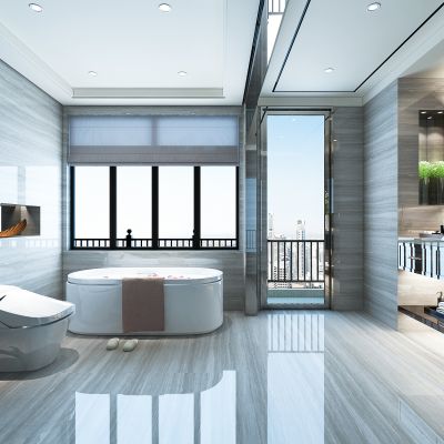 现代轻奢卫生间  浴缸  洗手池  摆件  马桶  镜子