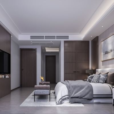  现代卧室 床 床榻 挂画 电视柜 床头柜 台灯 