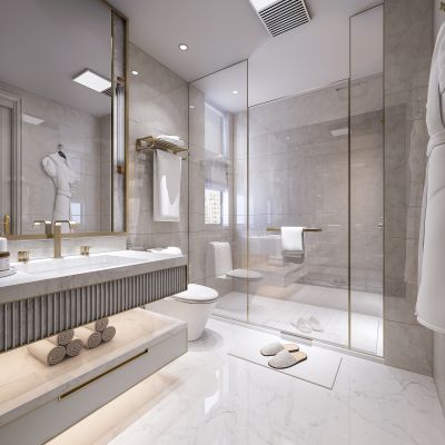 现代卫生间  淋浴  洗手池  摆件  马桶  浴袍