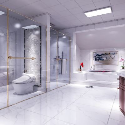 欧式简约卫生间  洗手台   浴缸  摆件  马桶  挂画 