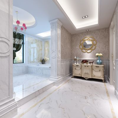 欧式简约卫生间    浴缸  摆件  端景柜  镜子 吊灯 