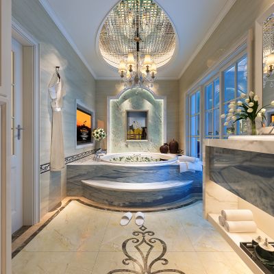 简约欧式卫生间  洗手台   浴缸  摆件  浴袍  吊灯 