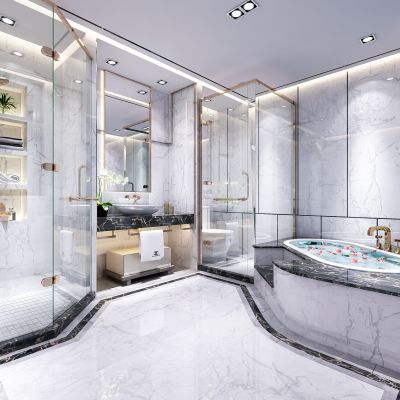 现代轻奢卫生间  洗手台   浴缸  摆件  马桶  镜子