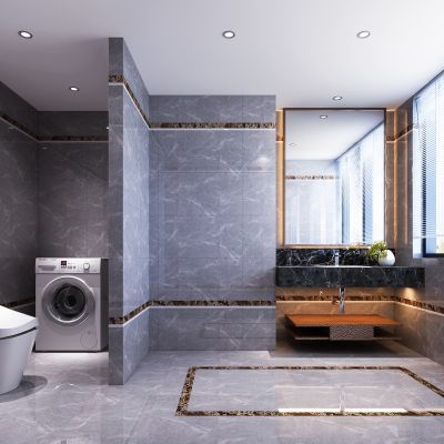 现代简约轻奢卫生间   马桶   洗衣机 洗手池  镜子 