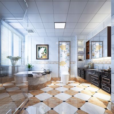 简约欧式卫生间  洗手台   浴缸  摆件  马桶  挂画 