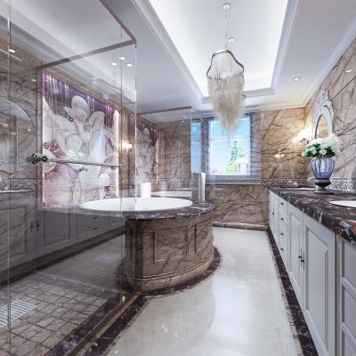 欧式简约卫生间   浴缸 洗手池  吊灯 