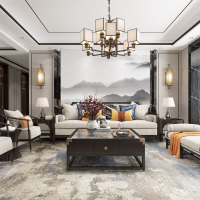 新中式客厅餐厅，沙发，电视柜，餐桌，吊灯，装饰画，