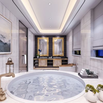 简欧卫生间   洗手台  镜子  马桶  浴缸  画  摆件 