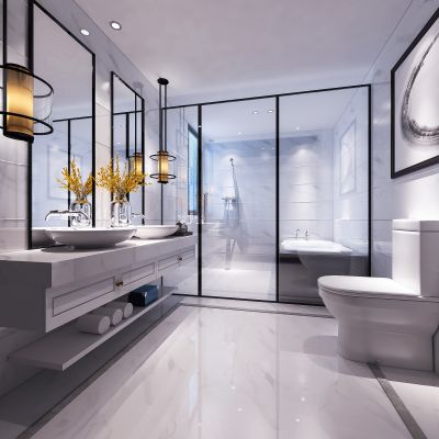 现代简约卫生间  洗手台   浴缸  摆件  马桶  挂画 