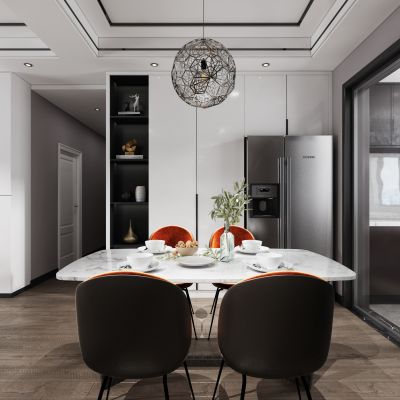 现代极简客厅餐厅，沙发，餐桌，吊灯，装饰画，2014