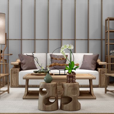 中式沙发茶几书柜落地灯