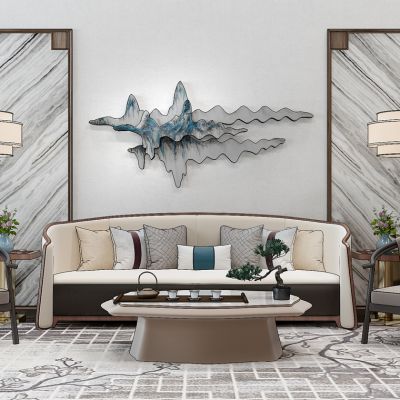 新中式沙发茶几组合落地灯茶具摆件抱枕