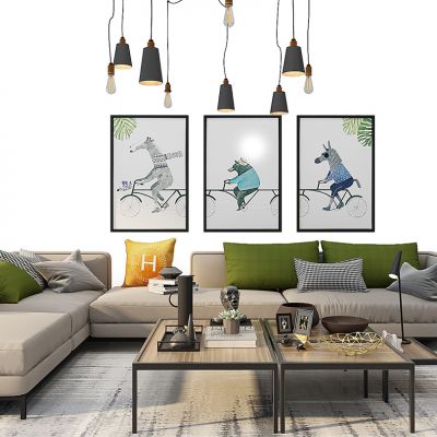 现代沙发茶几吊灯小墩毯子