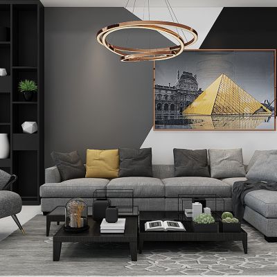 现代转角沙发茶几吊灯装饰画组合
