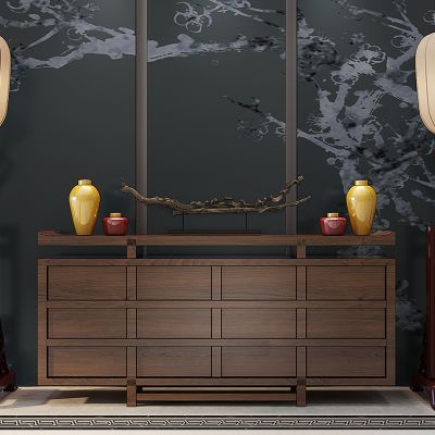 中式边柜玄关柜落地灯宫灯摆将军罐子