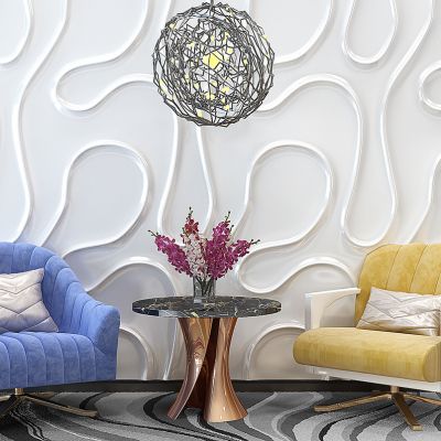 现代休闲沙发异形背景墙吊灯圆几边几