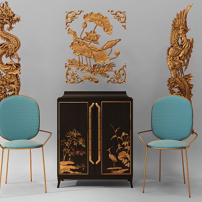 新中式装饰柜子龙凤浮雕荷花雕花浮雕