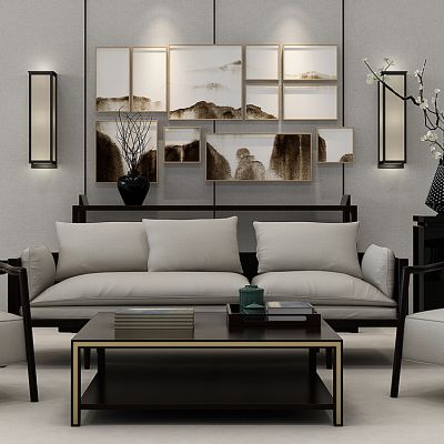 新中式客厅沙发椅子茶几花瓶组合