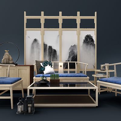 新中式禅意沙发茶几屏风马灯组合