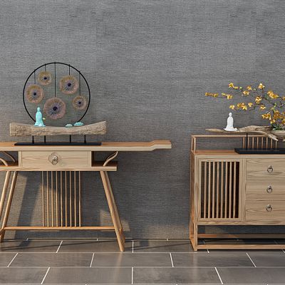 新中式实木端景台玄关柜木雕摆件组合