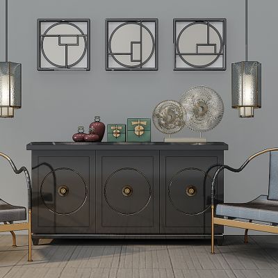 新中式装饰柜玄关柜新中式椅子摆件吊灯挂画