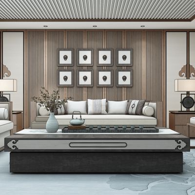 新中式沙发茶几挂画组合壁灯