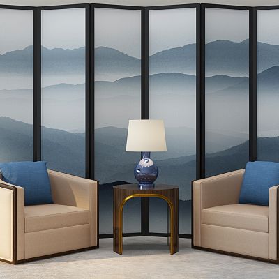 现代椅子贵宾接待室休闲沙发台灯屏风组合