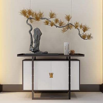 新中式玄关禅意边柜树枝摆件石头组合