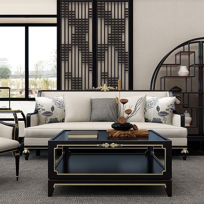 新中式客厅沙发茶几博古架花格