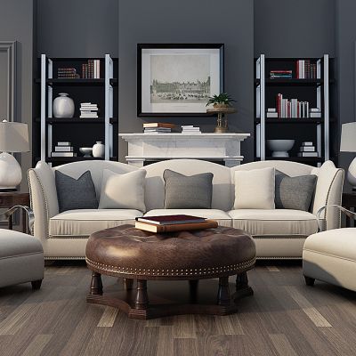 美式客厅美式沙发椅子壁炉组合