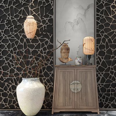 中式边柜装饰柜台灯吊灯陶罐佛头