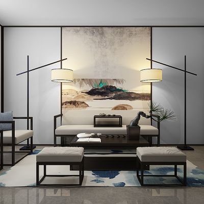 新中式客厅沙发茶几落地灯装饰架书架