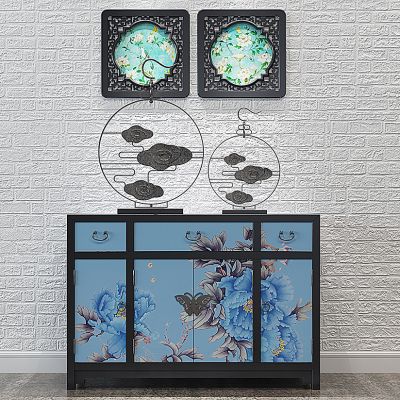 新中式端景柜玄关柜祥云摆件饰品装饰木雕挂画