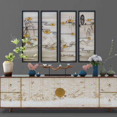 新中式玄关柜花瓶花卉挂画装饰组合